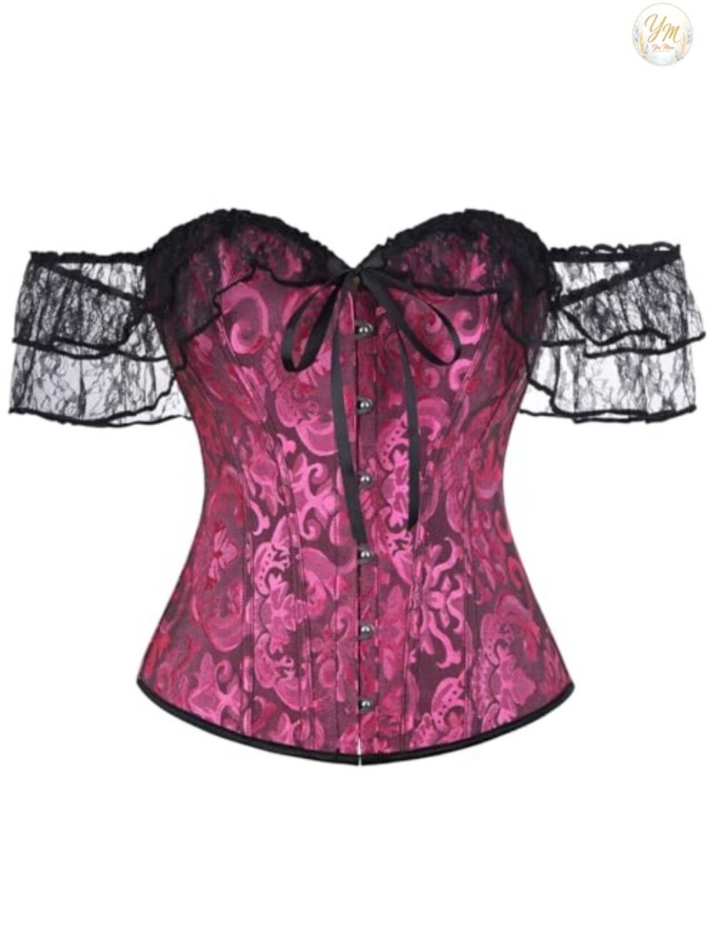 Women's Floral Satin Corset Top Lace Sleeves Renaissance Overbust